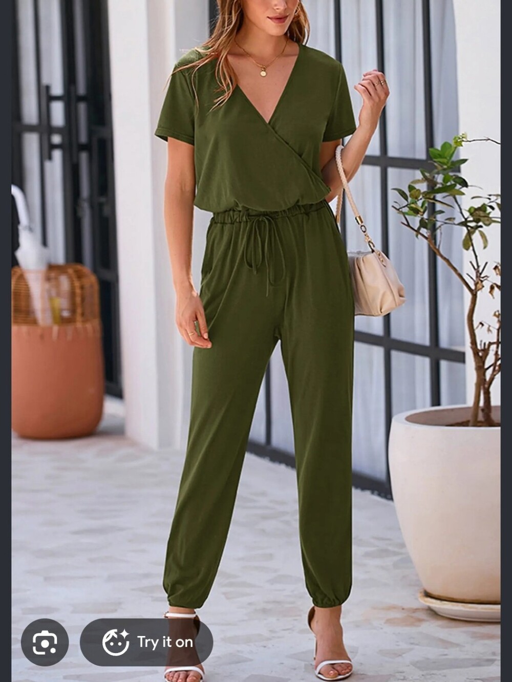 Pretty Garden Olive Green Wrap-Style Short Sleeve Jumpsuit S